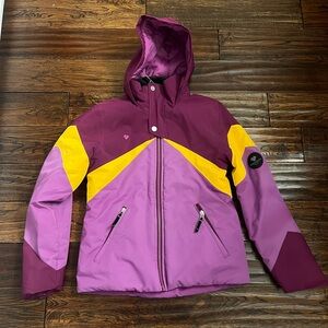 Obermeyer Kids ski Puffer Jacket in Purple and Yellow